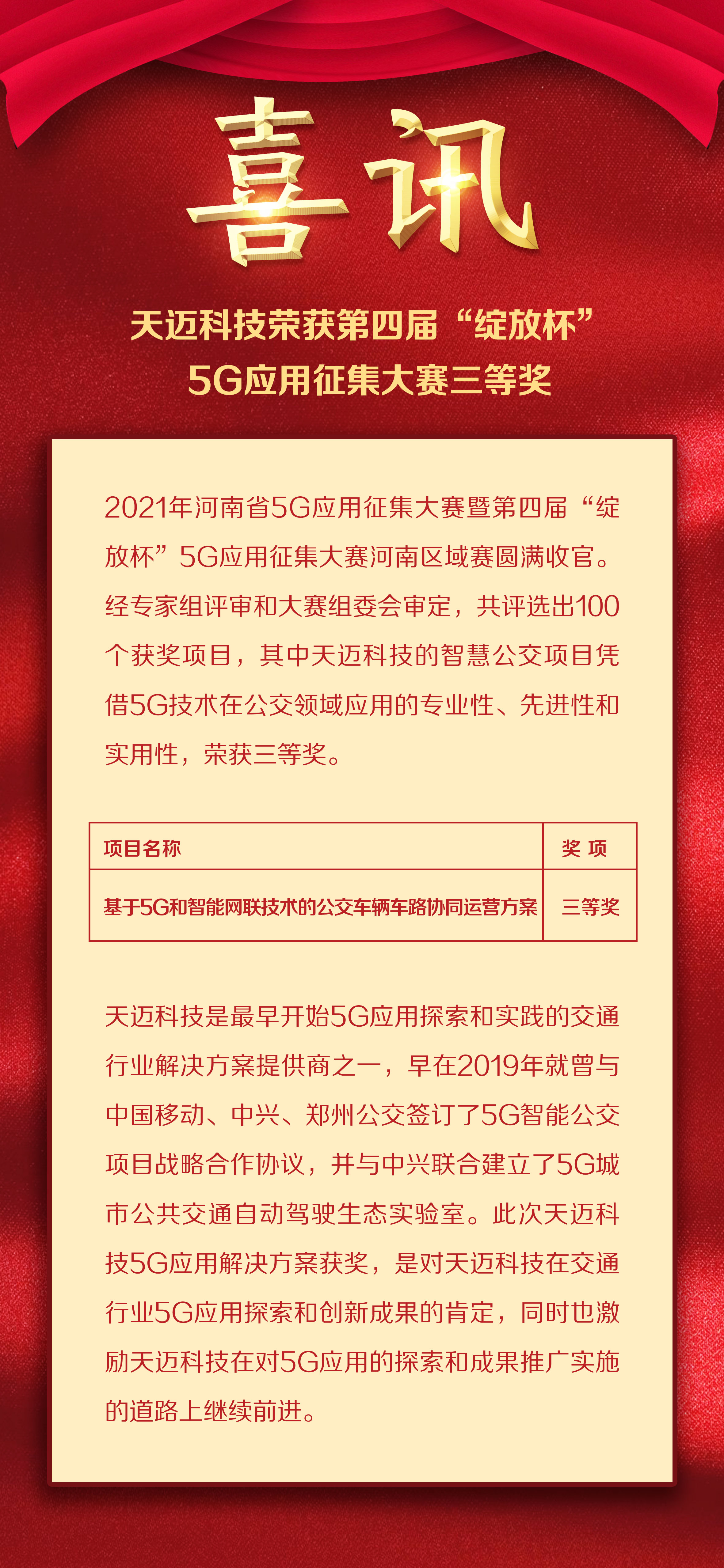 喜讯：天迈科技荣获第四届“绽放杯”5G应用征集大赛三等奖